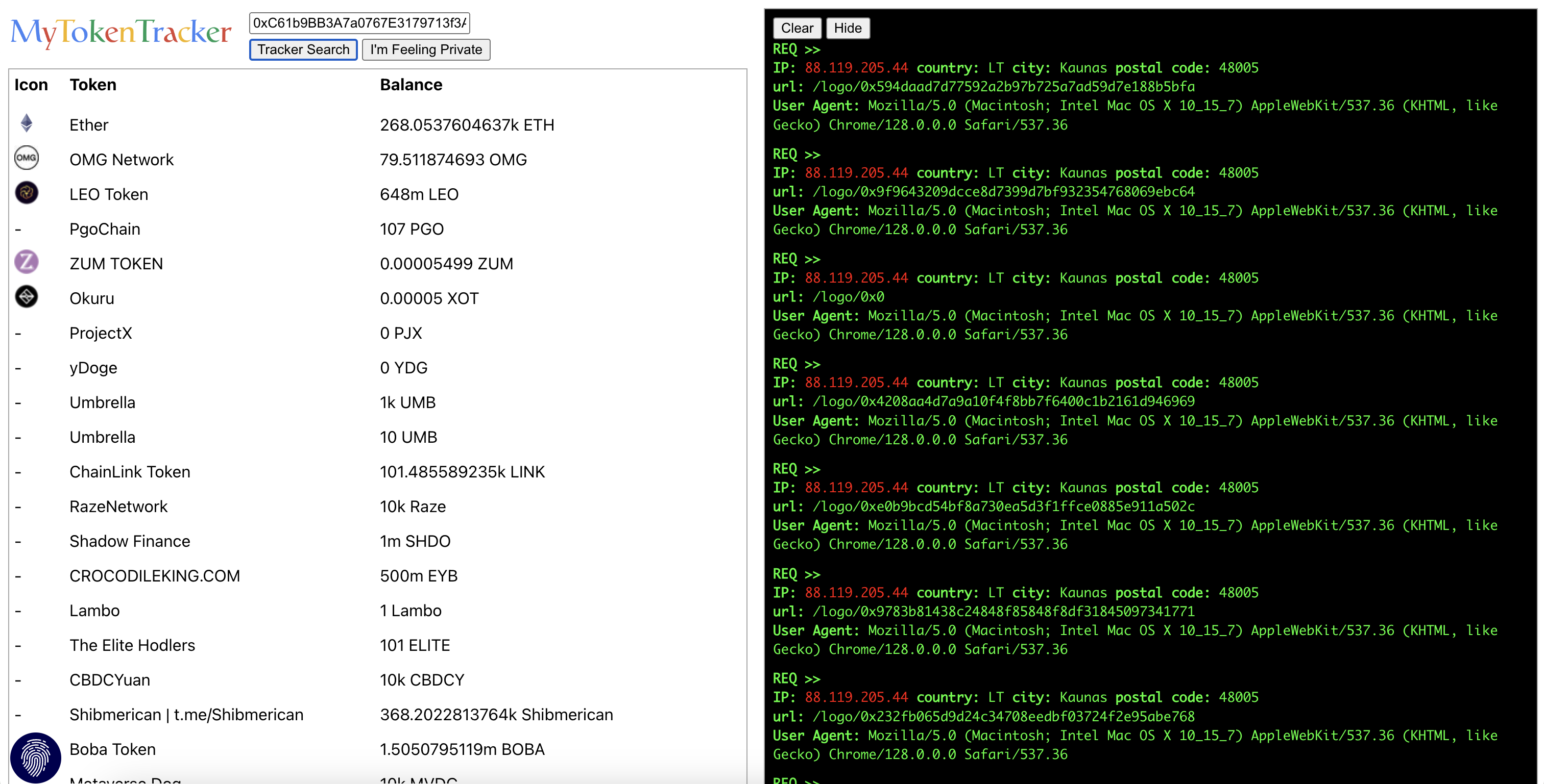 MyTokenTracker shows data leak